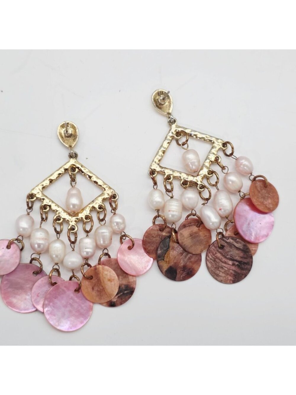 Pink & Gold Chandelier Earrings With Freshwater Pearls & Shell Discs 3" - Picture 7 of 7
